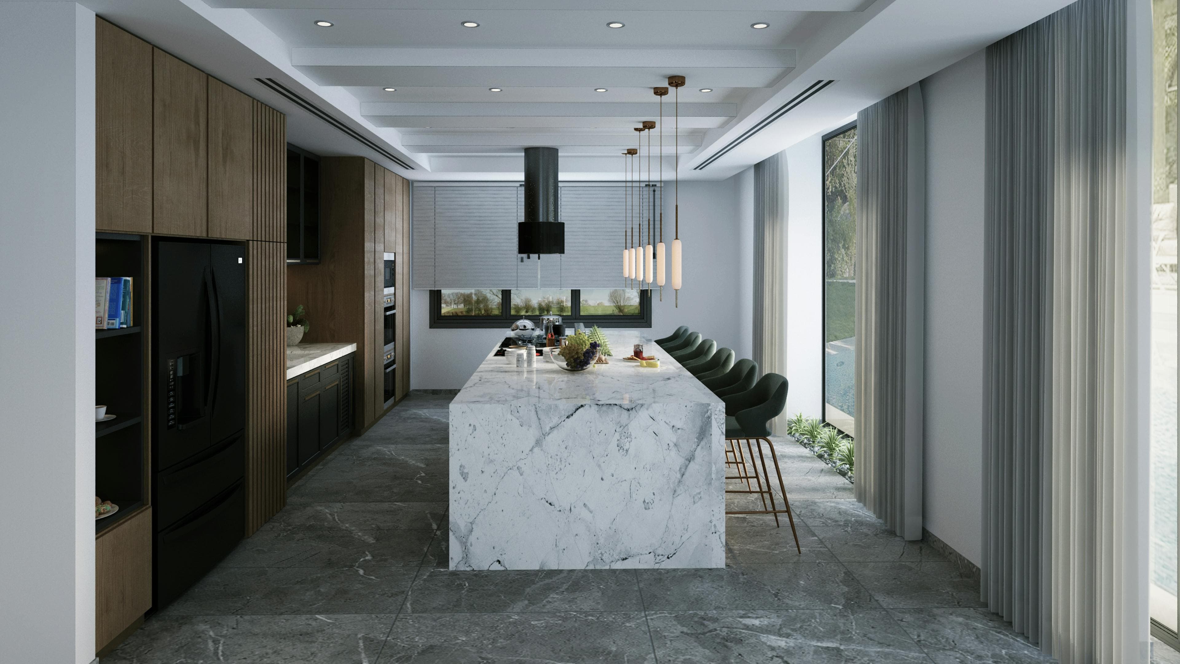 A dramatic open-concept kitchen with custom wood cabinetry, a marble waterfall island, and floor-to-ceiling windows — representative of Bay State Holdings' operating companies' work across Greater Boston